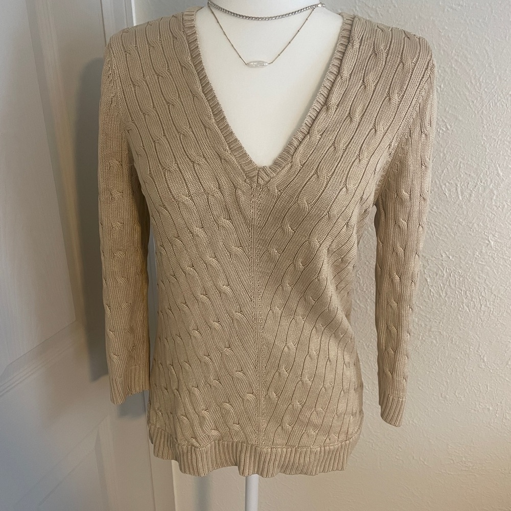 Ralph Lauren 95% Silk Gold Cable Knit V-Neck Sweater - Medium